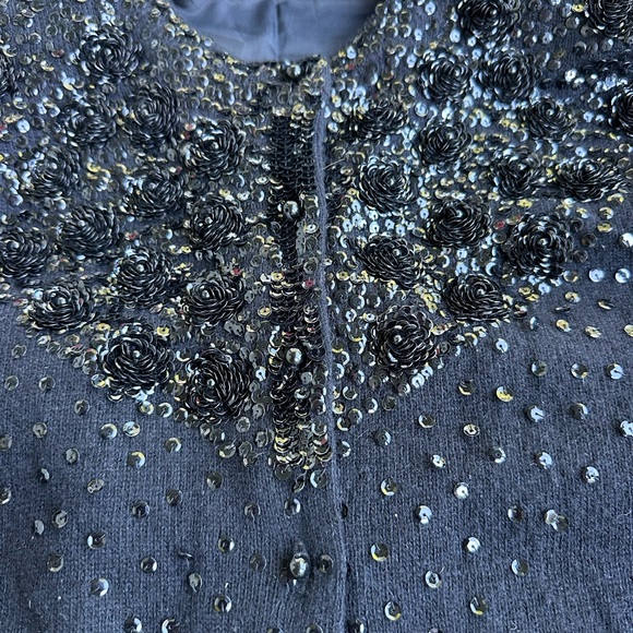VIVIEN FOREST BLACK BEAD/SEQUIN cardigan EMBELLISHED LINED SZ MEDIUM SO SOFT!! - Picture 12 of 16